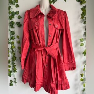 🌿 Early 2000s Dark Peach Frill Preppy Trench Coat